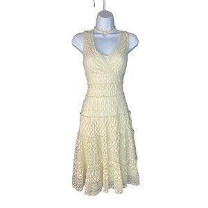Ivory Lace Sleeveless V-Neck Dress With Tiered Skirt